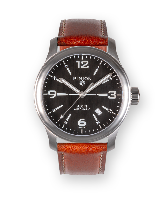 Pinion Axis II Steel Bk watch tan strap